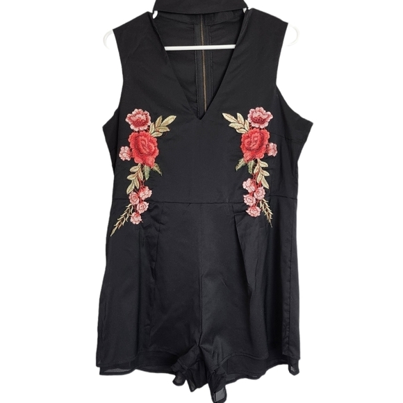 None Pants - Chocker Neck Embroidered Black Women's Romper Size XL